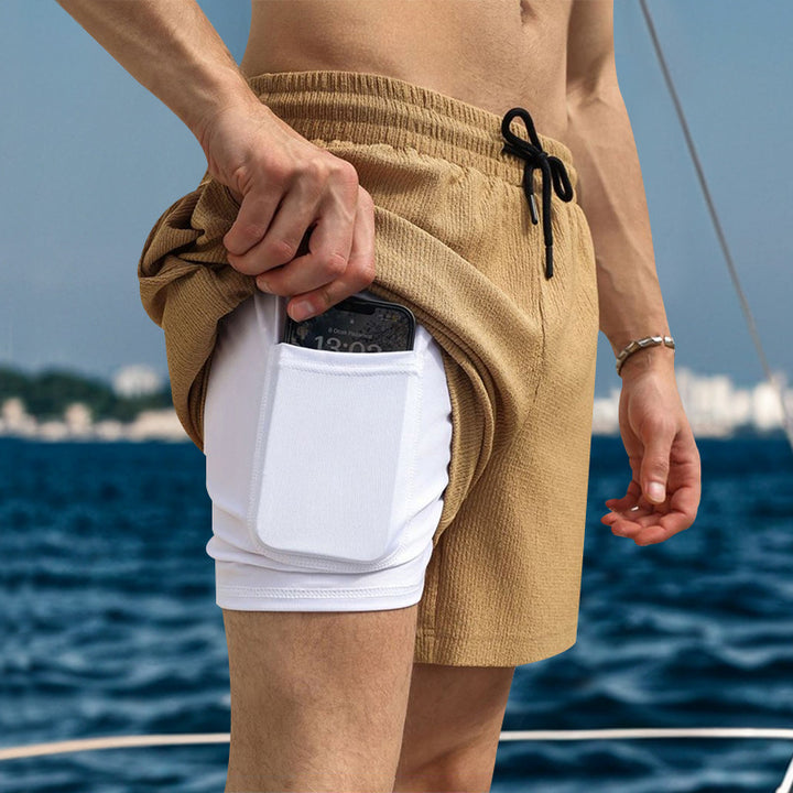 Men's two-layer swim shorts with integrated compression inner shorts and hidden cell phone pocket Mune Fashion