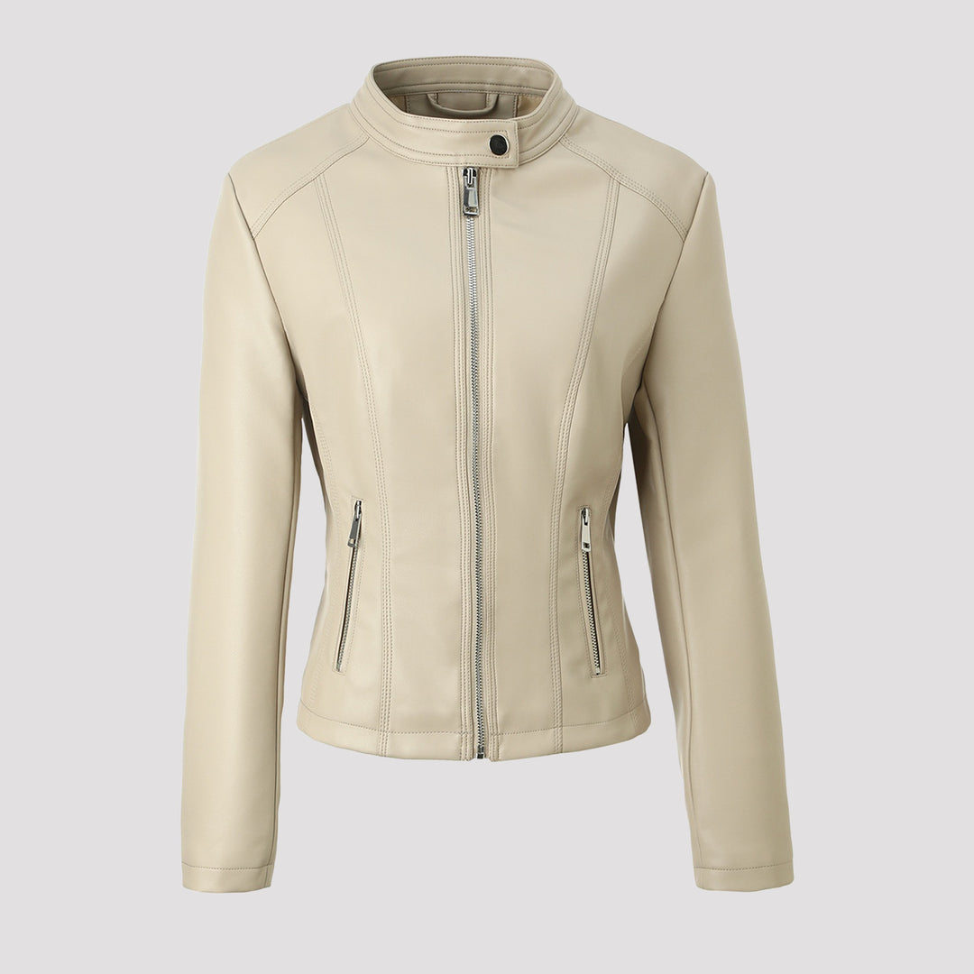 Women Tailored Leather Jacket with Stand-Up Collar, Vertical Decorative Seams and Zipper Pockets Mune Fashion