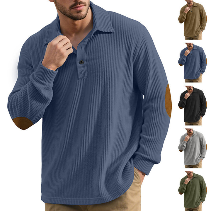 Men's ribbed casual polo with kent collar, short button placket and velour elbow patches Mune Fashion