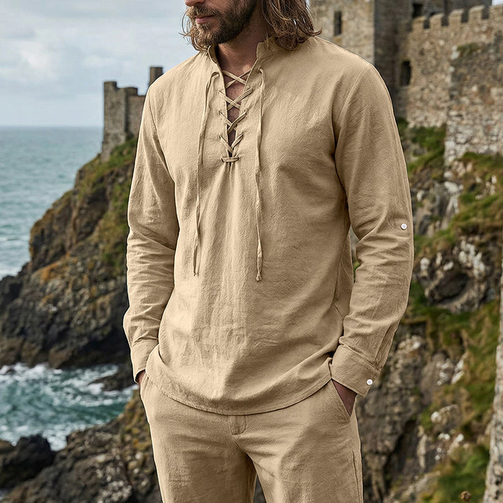 Men's Crinkle Linen Long Sleeve Shirt with Rollable Sleeves Mune Fashion