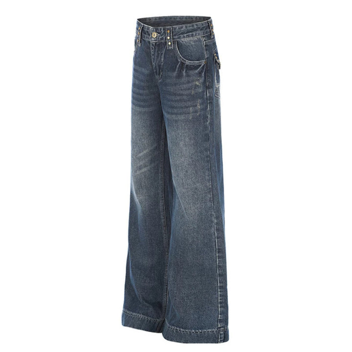 Women's Wide High-Waist Denim Palazzo Jeans with Wide Legs and Vintage Wash Mune Fashion
