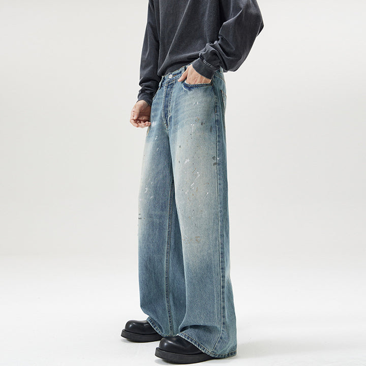 Men's Loose Vintage Denim Jeans in Painter Look with Low Crotch and Straight Hem Mune Fashion