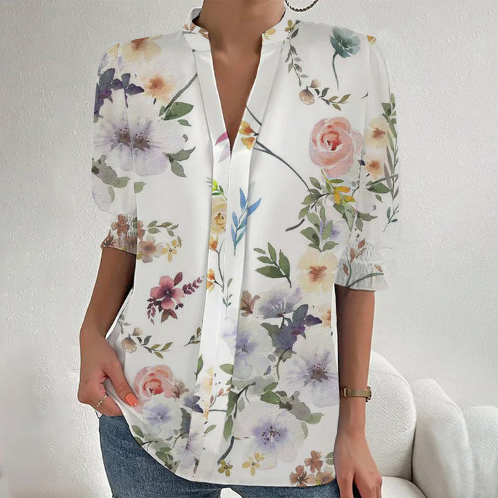 Women Floral Print Tunic Blouse with Stand Collar, Slit V-Placket and Gathered 3/4 Sleeves Mune Fashion