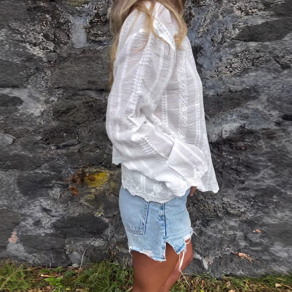 Women nan embroidered blouse with floral openwork embroidery, pearl button placket and casual oversized fit Mune Fashion