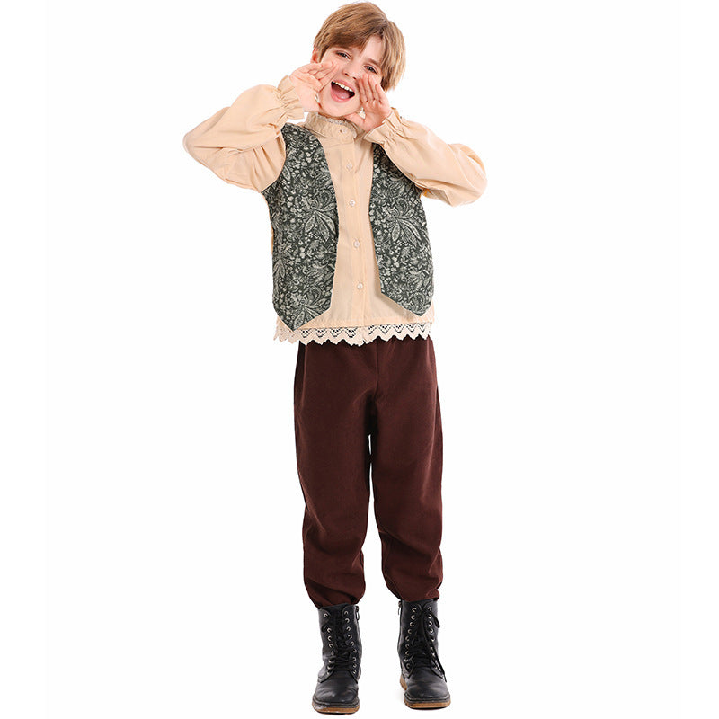 Unisex nan children's costume set with embroidered paisley vest and ruffled blouse Mune Fashion