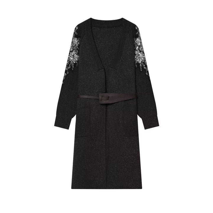 Women's Long Knit Coat-Cardigan with Waist Belt and Sequin Sleeves Mune Fashion
