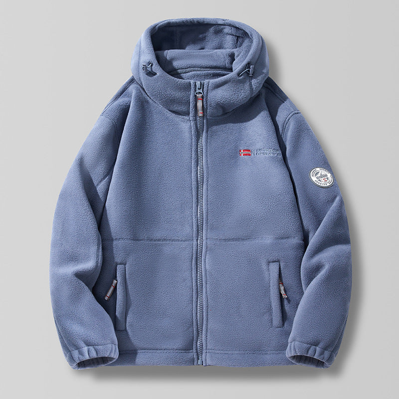 Unisex Hooded Fleece Jacket with high collar, full zip and side pockets.