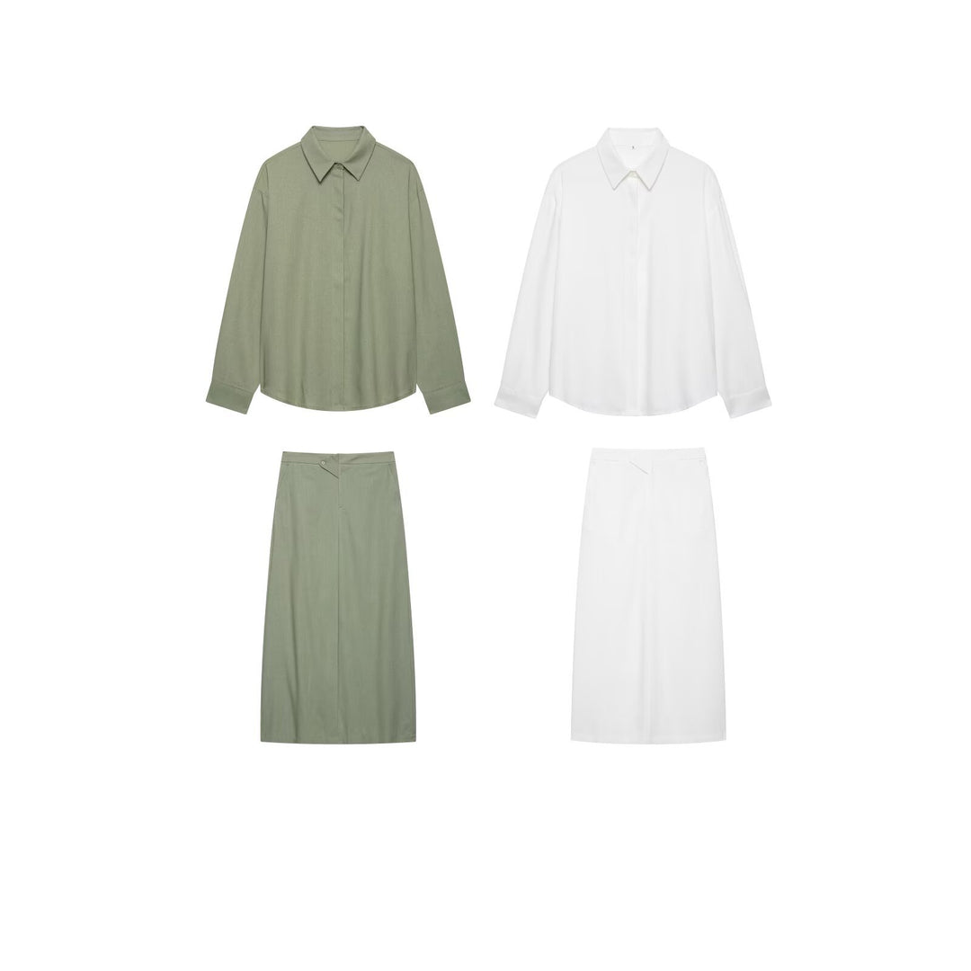 Women Two-Piece Blouse and Midi Skirt Set with Concealed Button Placket Mune Fashion