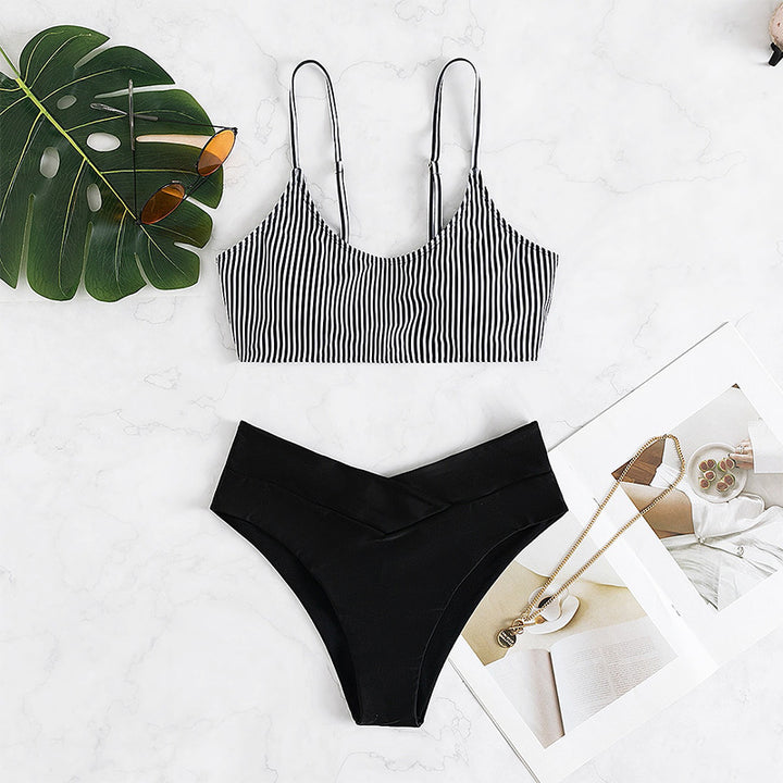 Women's bikini set with casual striped top and high-cut briefs Mune Fashion
