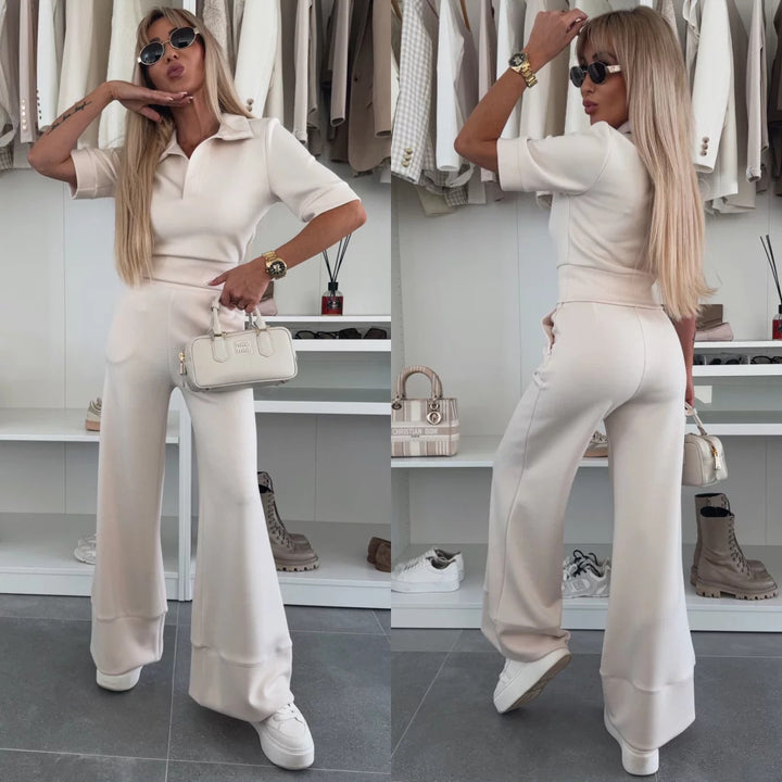Women Elegant Scuba Loungewear Set with Polo Collar and High Waisted Palazzo Pants Mune Fashion
