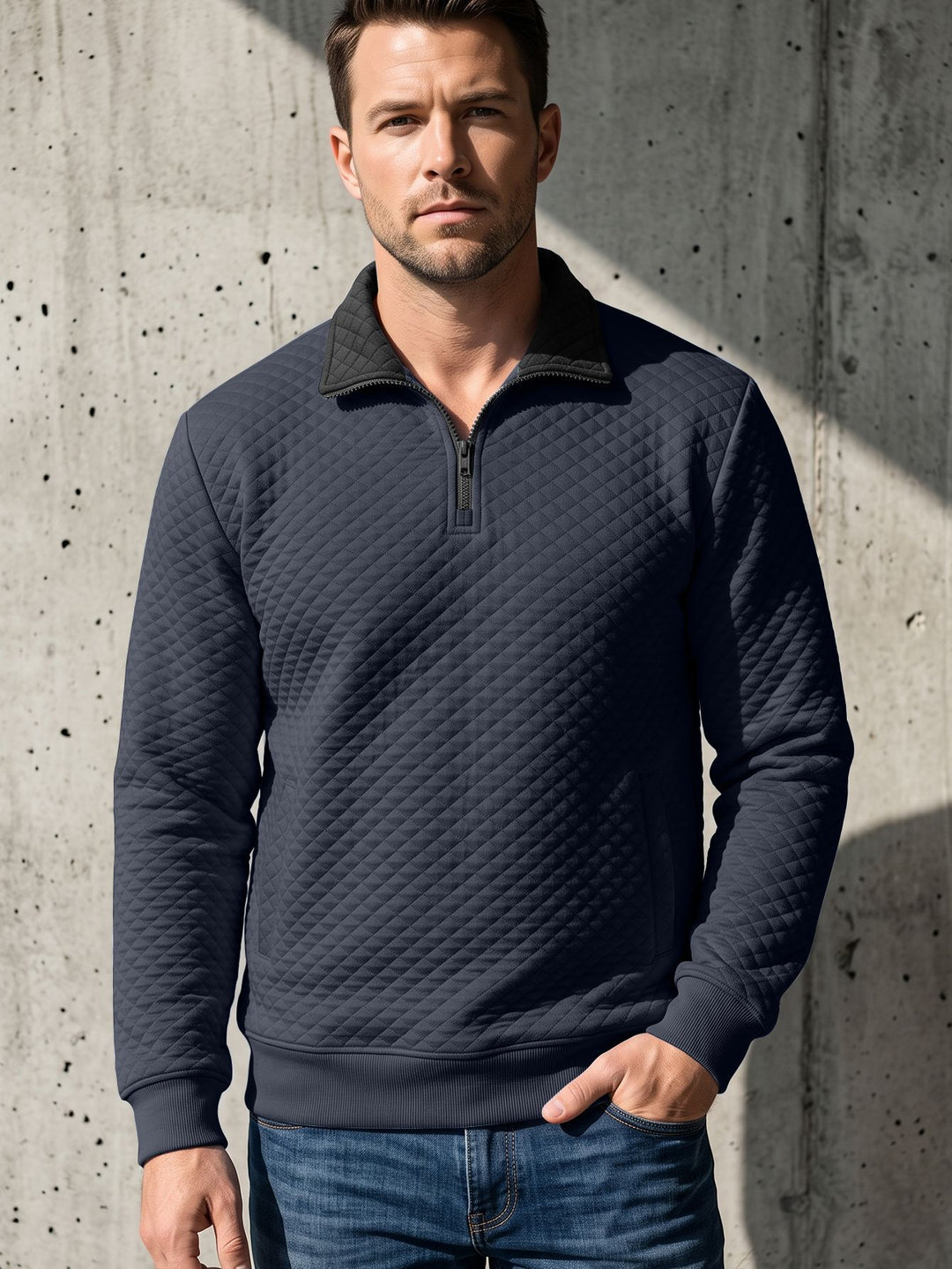 Men's quilted pullover with troyer collar and half zip Mune Fashion