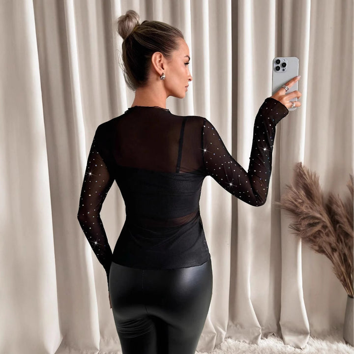 Women long sleeve transparent mesh shirt with rhinestone applications and integrated undershirt Mune Fashion