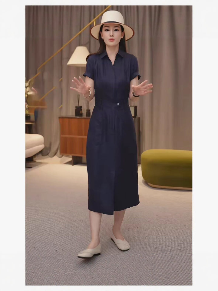 Women Tailored Shirt Blouse Midi Dress with Concealed Button Placket and Waist Pass Mune Fashion