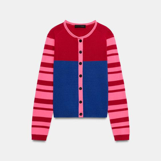 Women’s Knit Cardigan with Colorblock Front and Striped Sleeves Mune Fashion