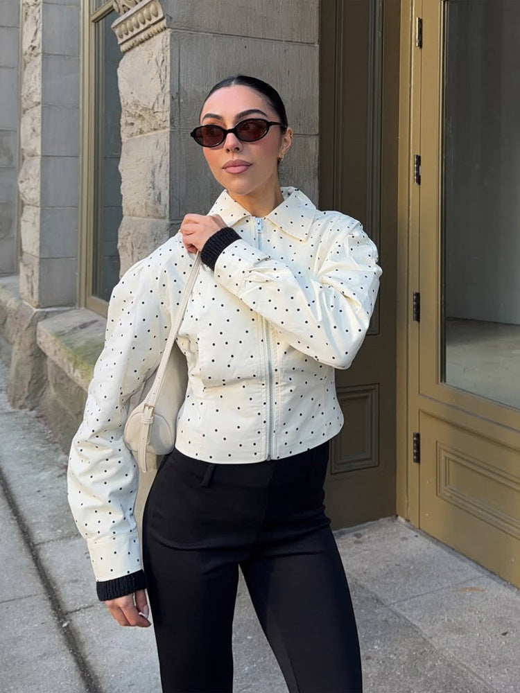 Women's tailored short jacket with polka-dot perforation, shirt collar, and concealed zipper Mune Fashion
