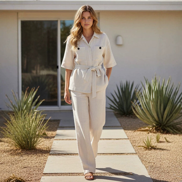 Women's Lightweight Shirt Jacket Set with Tie Waist and Wide Palazzo Pants Mune Fashion