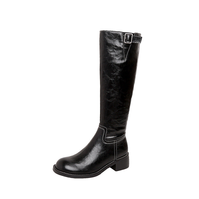 Women’s knee-high leather boots with decorative strap, contrasting seam and low block heel Mune Fashion