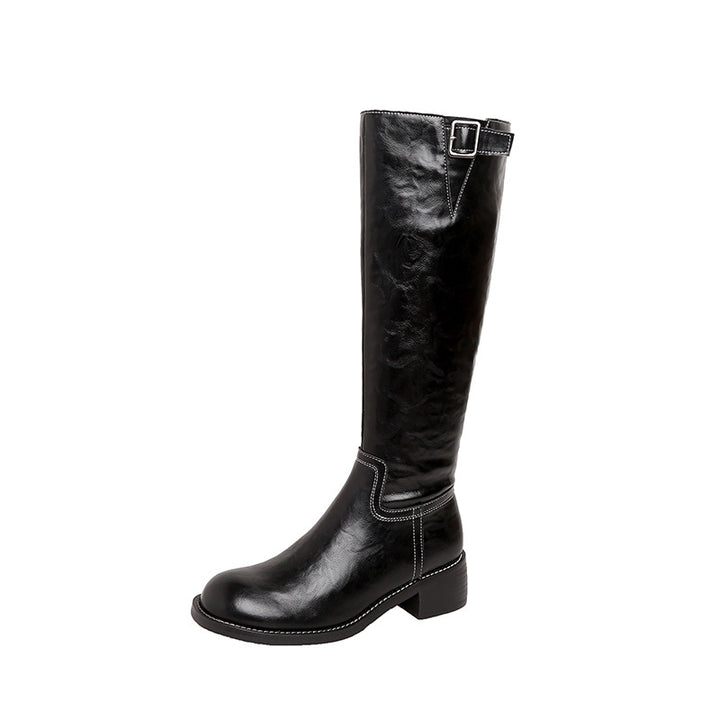 Women’s knee-high leather boots with decorative strap, contrasting seam and low block heel Mune Fashion