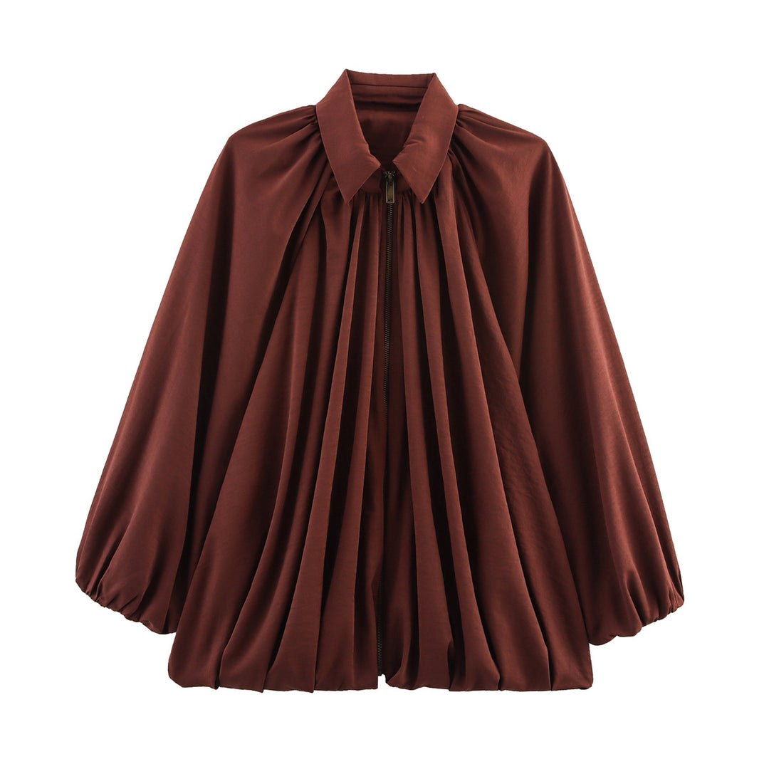 Women's Loose Ruched Blouse Jacket with Zipper and Balloon Sleeves Mune Fashion