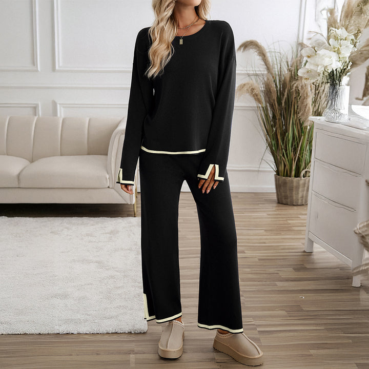 Women's relaxed lounge set with soft round neckline, contrasting piping, and wide palazzo pants Mune Fashion