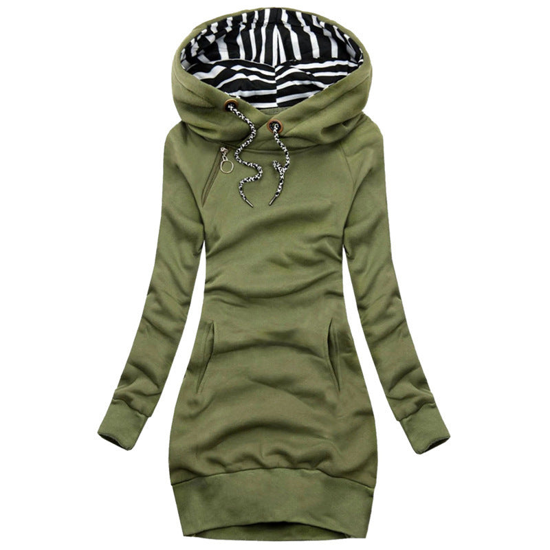 Women's hoodie midi dress with wide funnel neck, striped inner lining, and kangaroo pockets Mune Fashion