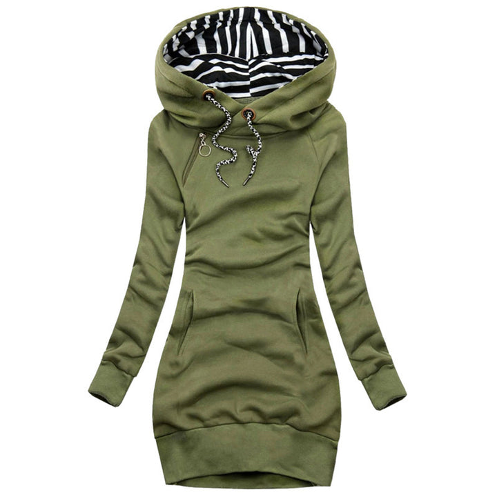 Women's hoodie midi dress with wide funnel neck, striped inner lining, and kangaroo pockets Mune Fashion