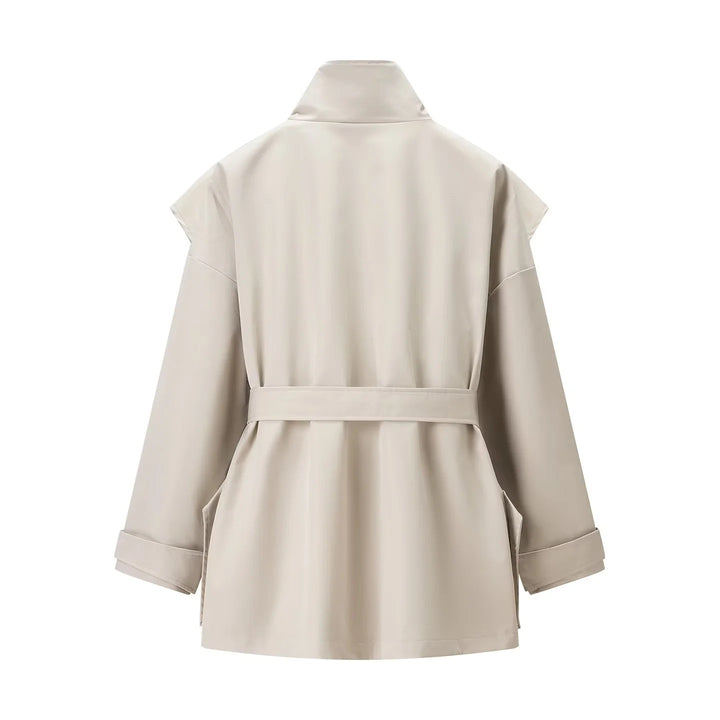Women's short trench coat with cape shoulder, high stand-up collar and tie belt Mune Fashion