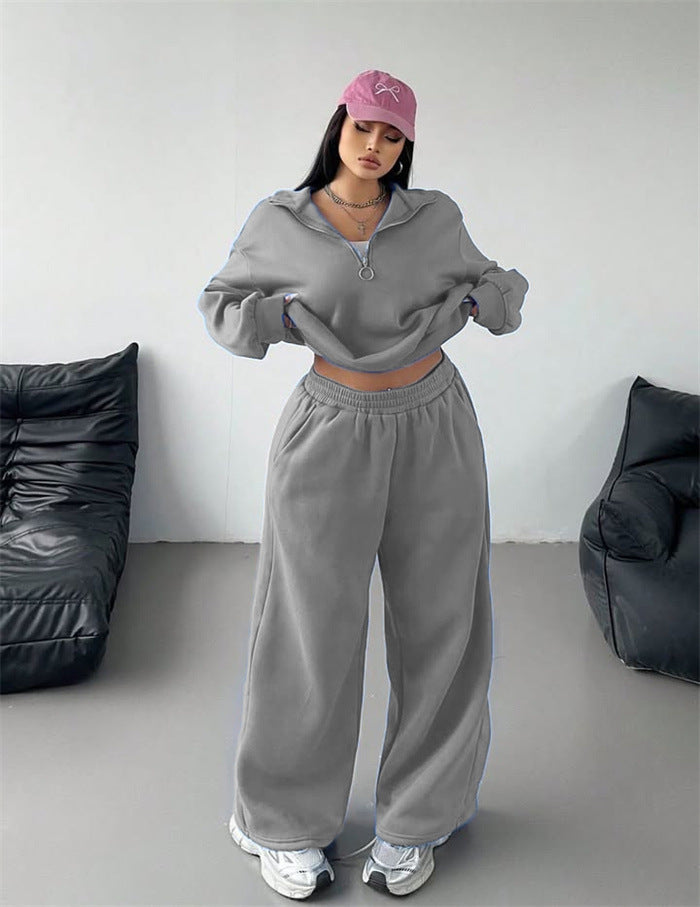 Women Velvet Cropped Zip Hoodie and Loose-Fitting High-Waist Palazzo Jogging Pants Mune Fashion