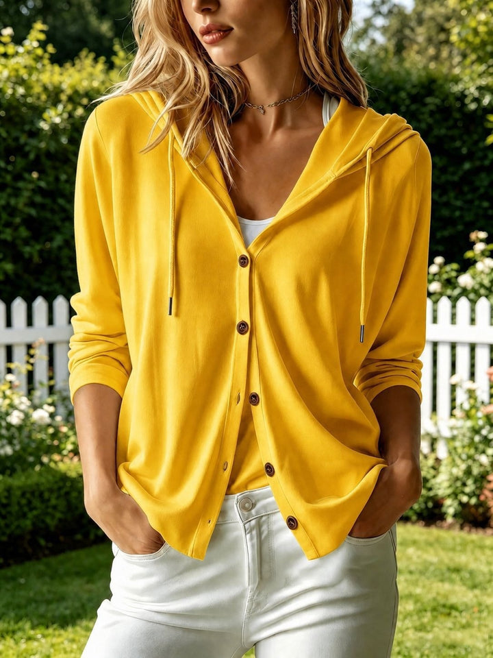 Women's Lightweight Hooded Cardigan with Button Placket and Drawstring Mune Fashion