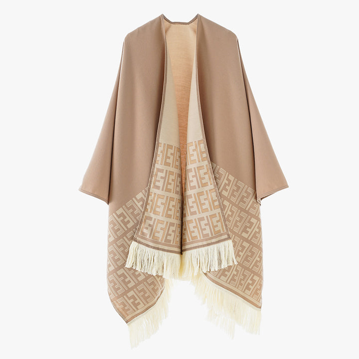 Women Reversible Jacquard Cape Wrap with Monogram Border and Fringes