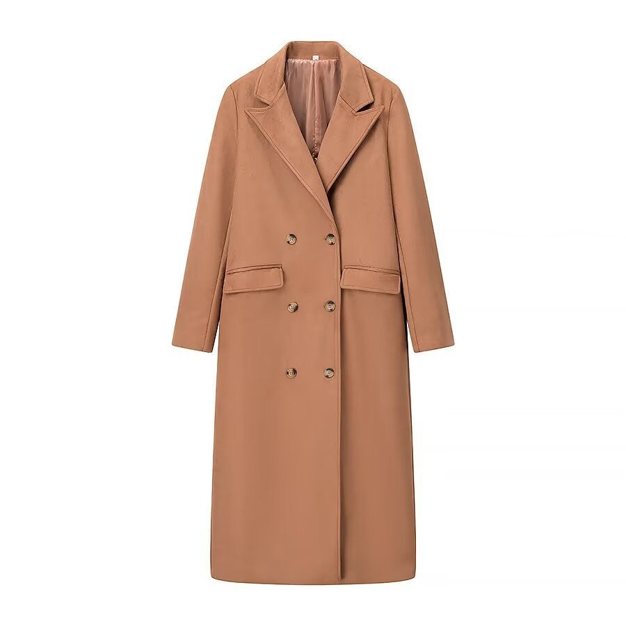 Women's longer tailored double-breasted coat with shawl collar, flap pockets and light thermal lining Mune Fashion