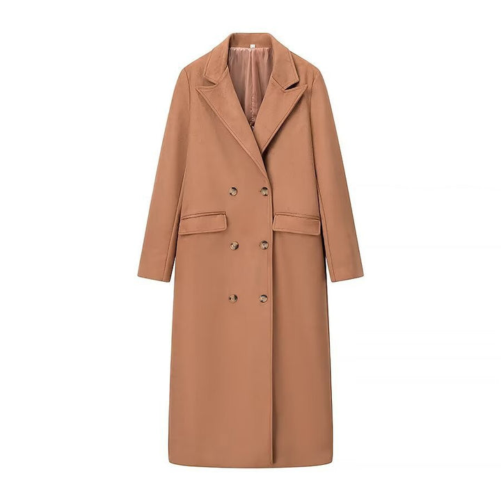 Women's longer tailored double-breasted coat with shawl collar, flap pockets and light thermal lining Mune Fashion
