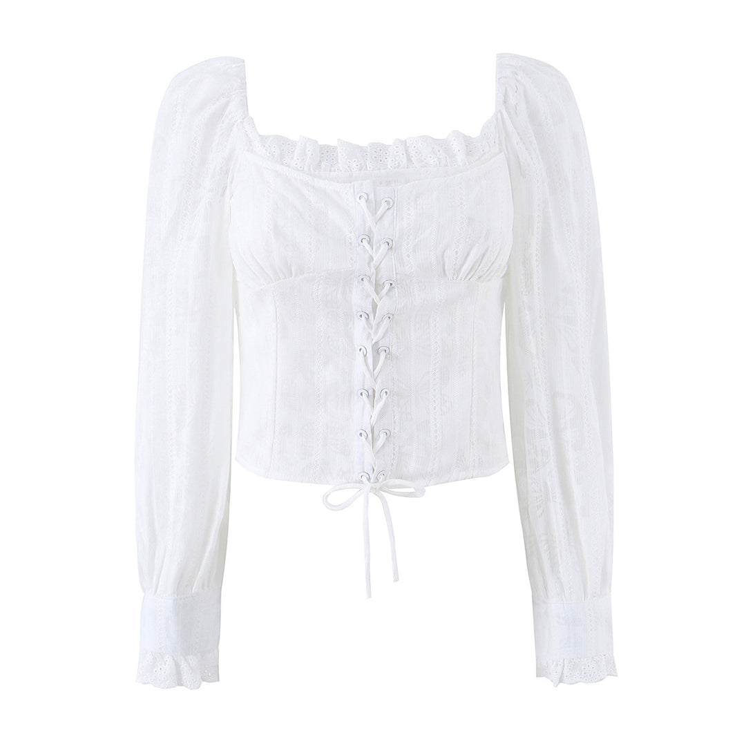 Ladies corset top in broderie look with lacing and puff sleeves Mune Fashion