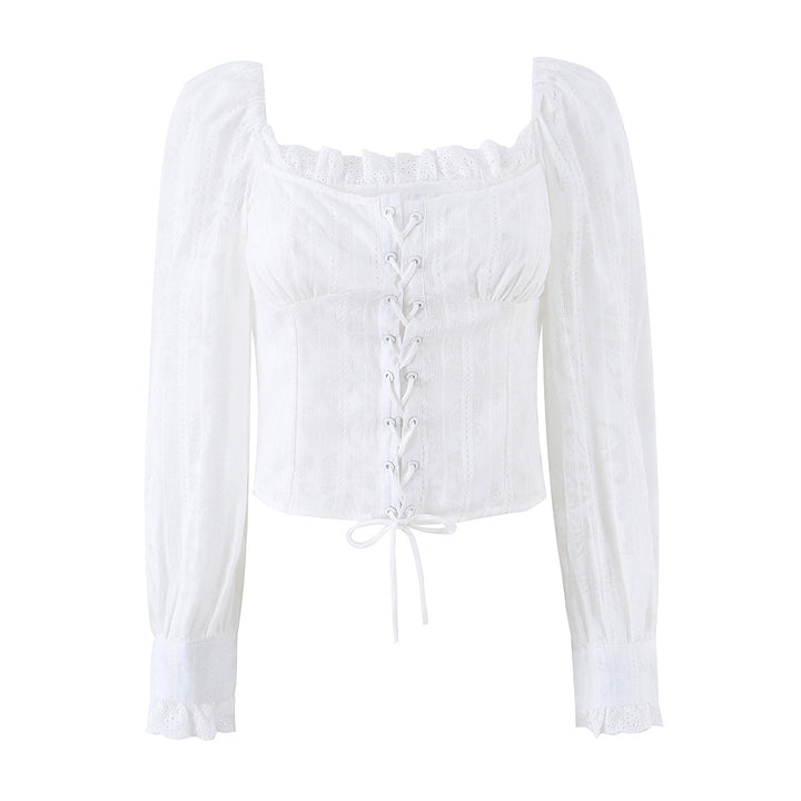 Ladies corset top in broderie look with lacing and puff sleeves Mune Fashion