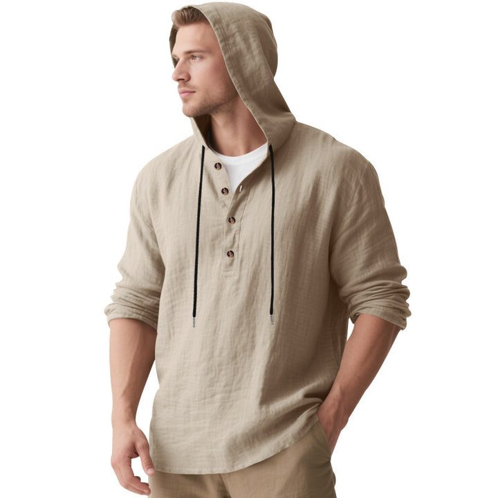 Men's Casual Hooded Henley Linen Blend Overshirt with Drawstring Mune Fashion