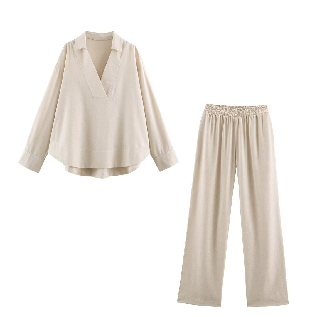 Women Oversize Linen-Mix Blouse with Deep V-Neck and Shirt Collar Mune Fashion