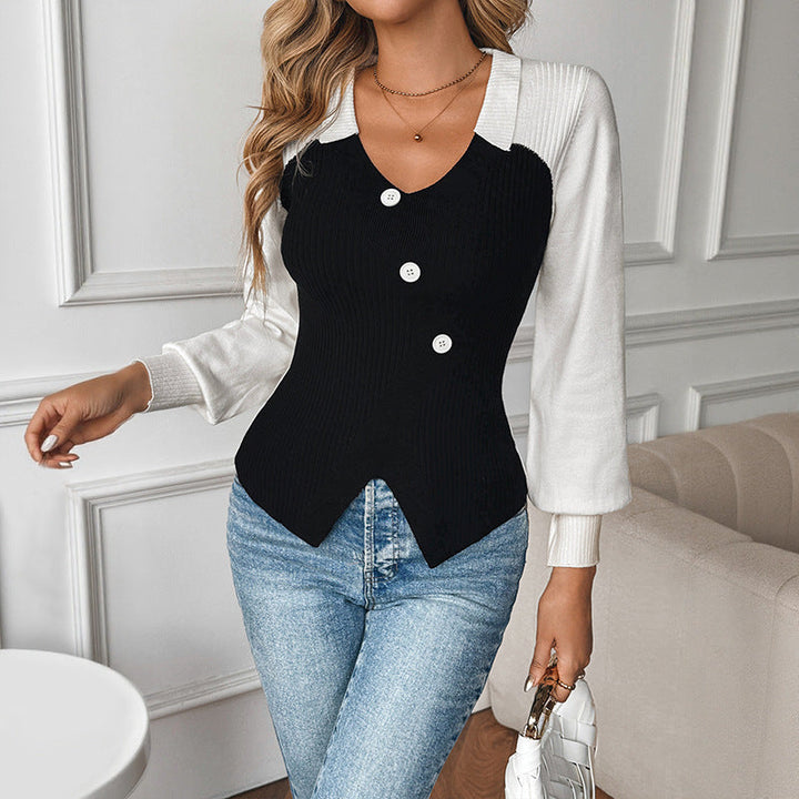 Women's Fitted Knit Blouse with Contrasting Sleeves, V-Neck and Asymmetrical Button Placket Mune Fashion