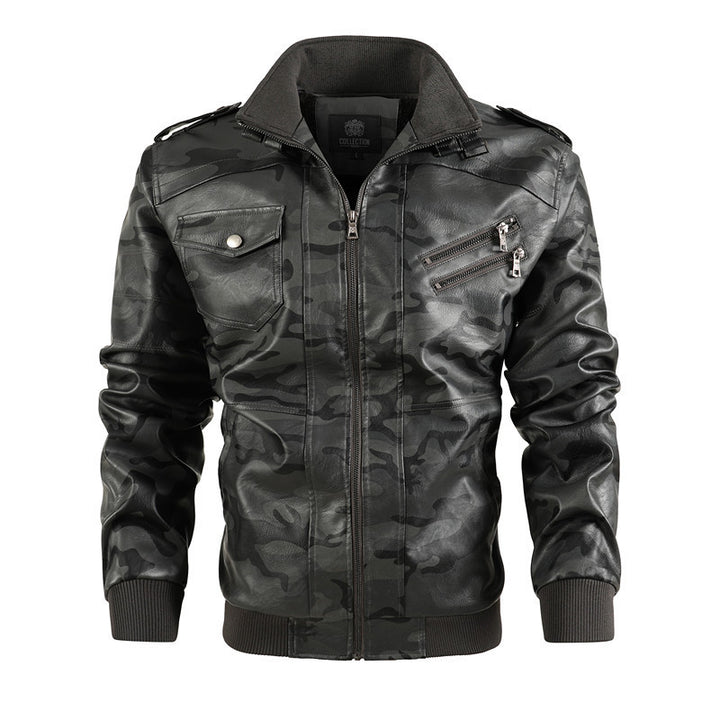 Men's Camouflage Faux Leather Biker Jacket with Shoulder Epaulettes, Zipper Detail and Ribbed Cuffs Mune Fashion