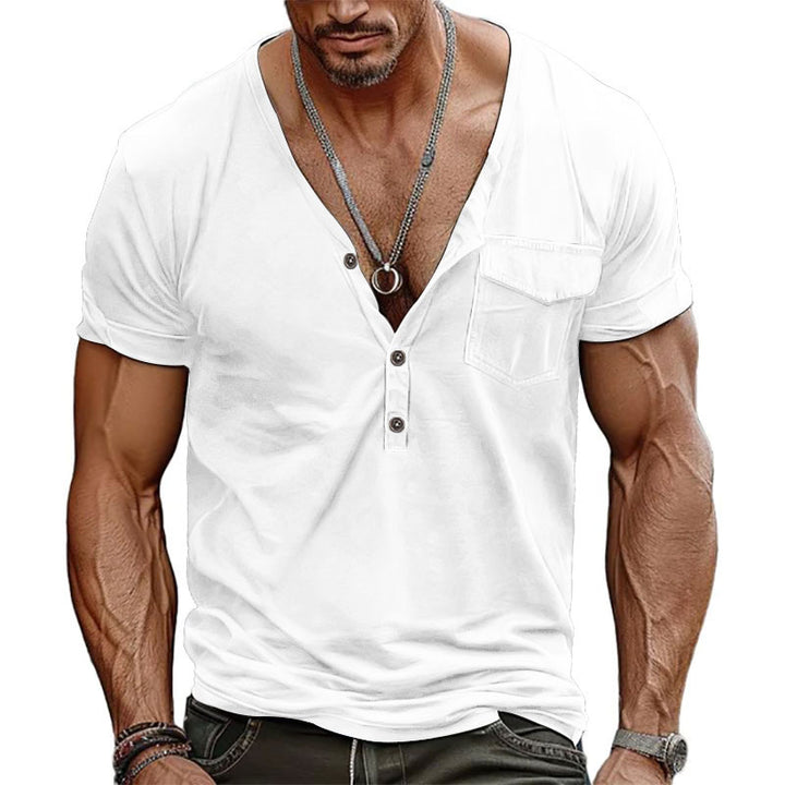 Men's nano athletic short sleeve shirt with deep V-neck, button placket and chest pocket Mune Fashion