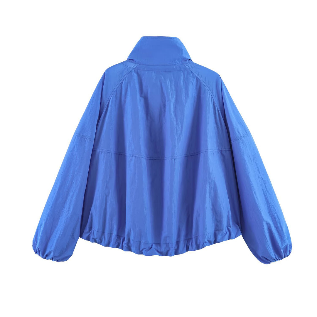 Women Lightweight Windbreaker Jacket with High Stand Collar, Drawstring Hem and Raglan Sleeves Mune Fashion