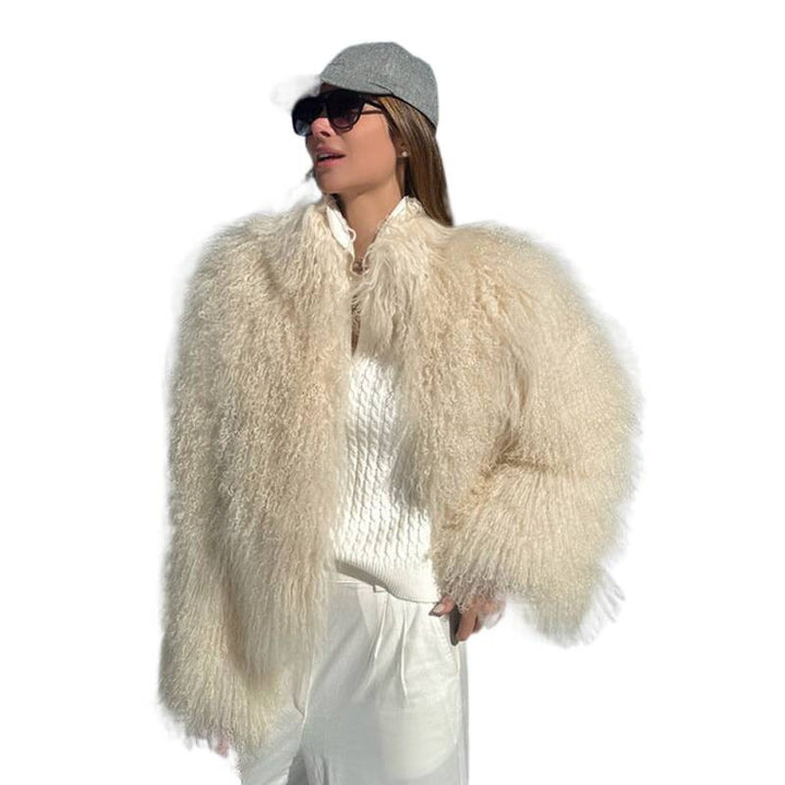 Women's Cozy Short Jacket in Lambskin Look with Curly Long Pile Structure Mune Fashion