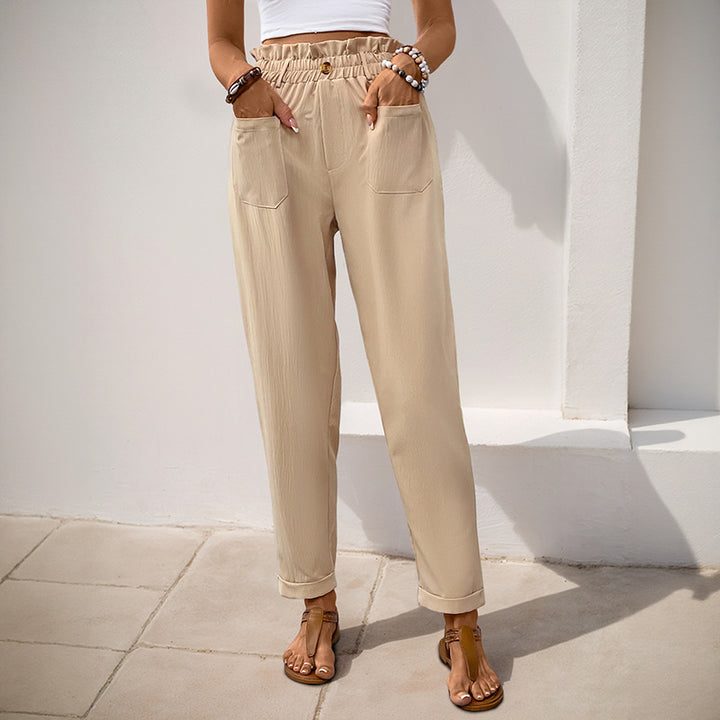 Women's High-Waisted Paperbag Pants with Elastic Waistband, Patch Pockets & Tapered Leg Mune Fashion