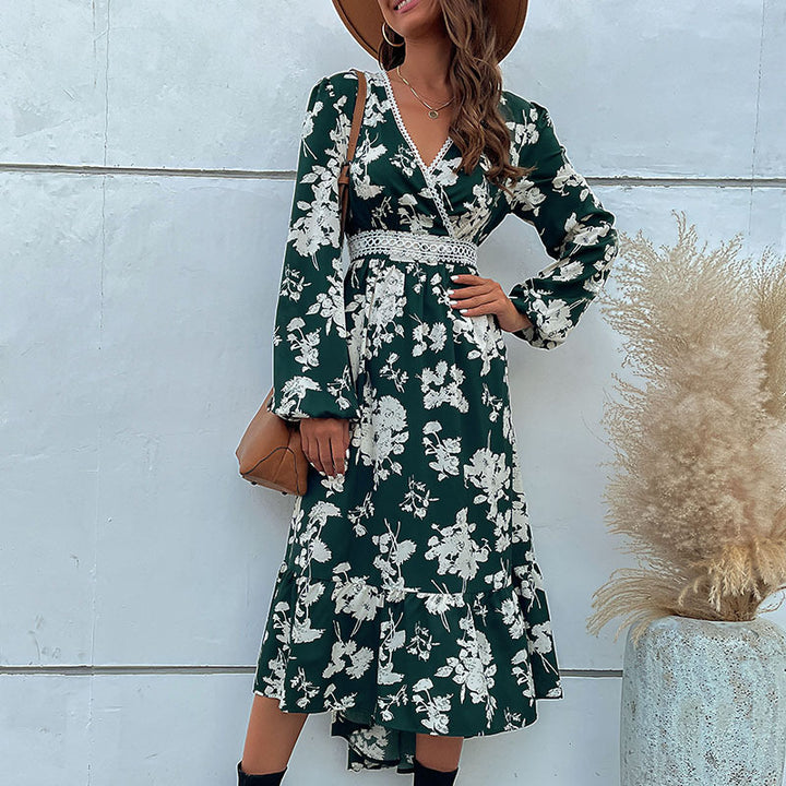 Ladies Elegant Maxi Dress with Floral Pattern and V-Neck Mune Fashion