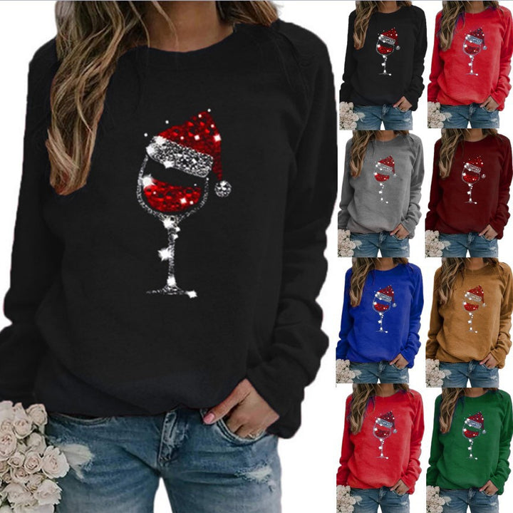Women's Christmas Sweatshirt with Sequin Wine Glass and Round Neckline Mune Fashion