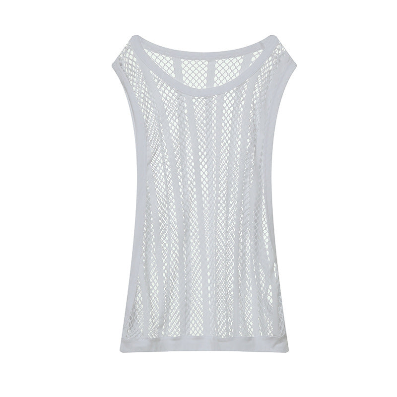 Women's airy hole knit mesh top with wide straps and elastic hem Mune Fashion