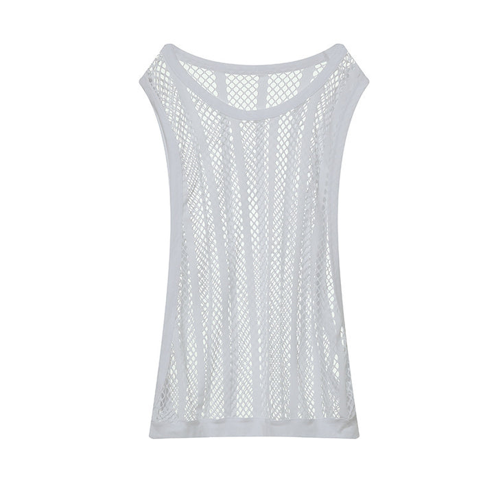 Women's airy hole knit mesh top with wide straps and elastic hem Mune Fashion