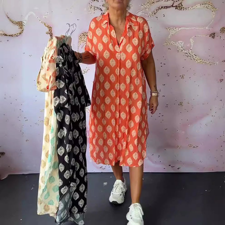 Women's NAN legeres Kaftan-mid dress with shirt collar V-neck short batwing sleeves and side insert pockets Mune Fashion