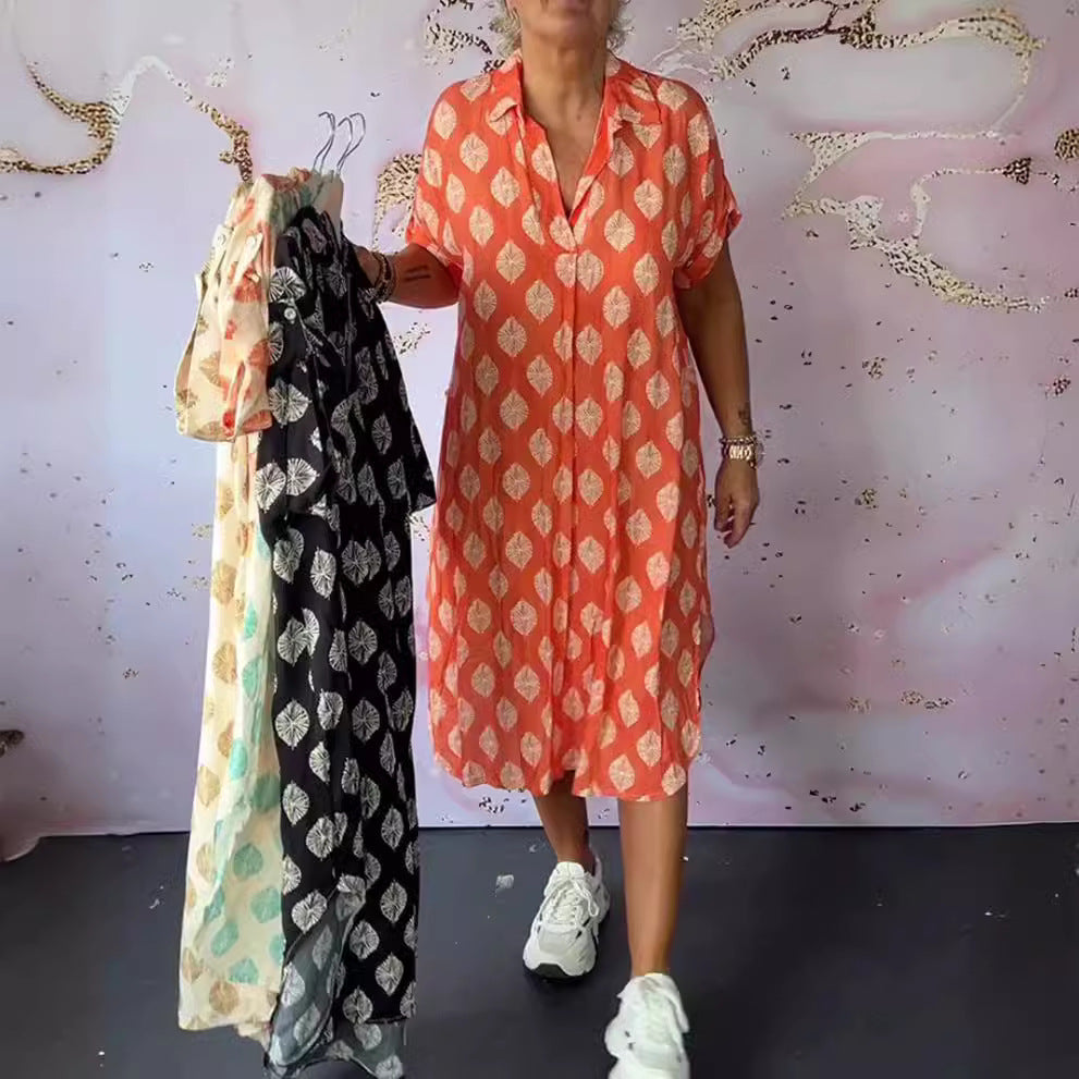 Women's shirt dress similar to a kaftan with V-neck, dropped shoulders, and textured muslin quality Mune Fashion