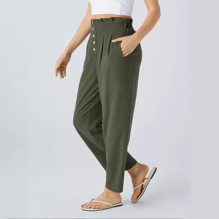 Women's High-Waisted Pleated Linen Pants with Decorative Button Placket Mune Fashion
