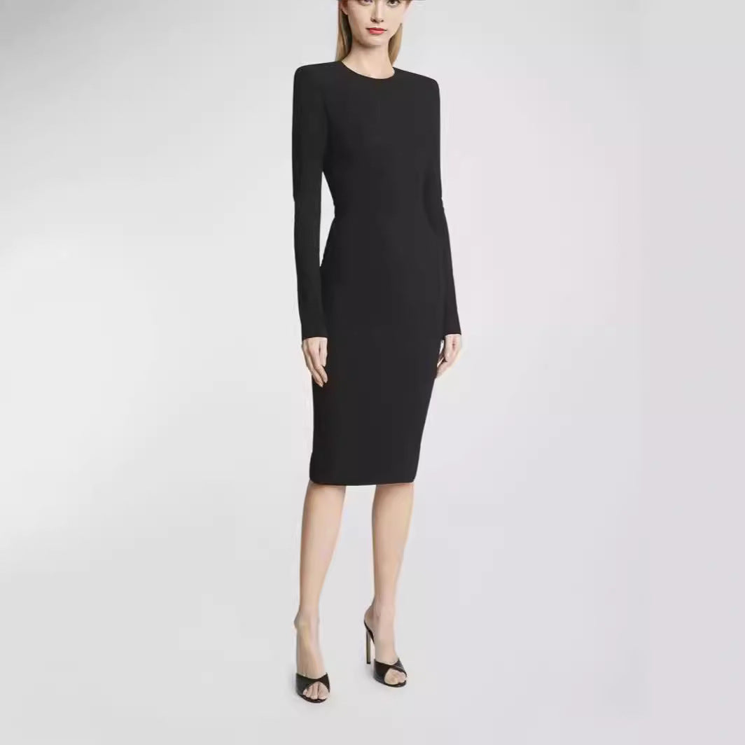 Women's Figure-hugging Midi Dress with Round Neckline and Long Sleeves Mune Fashion